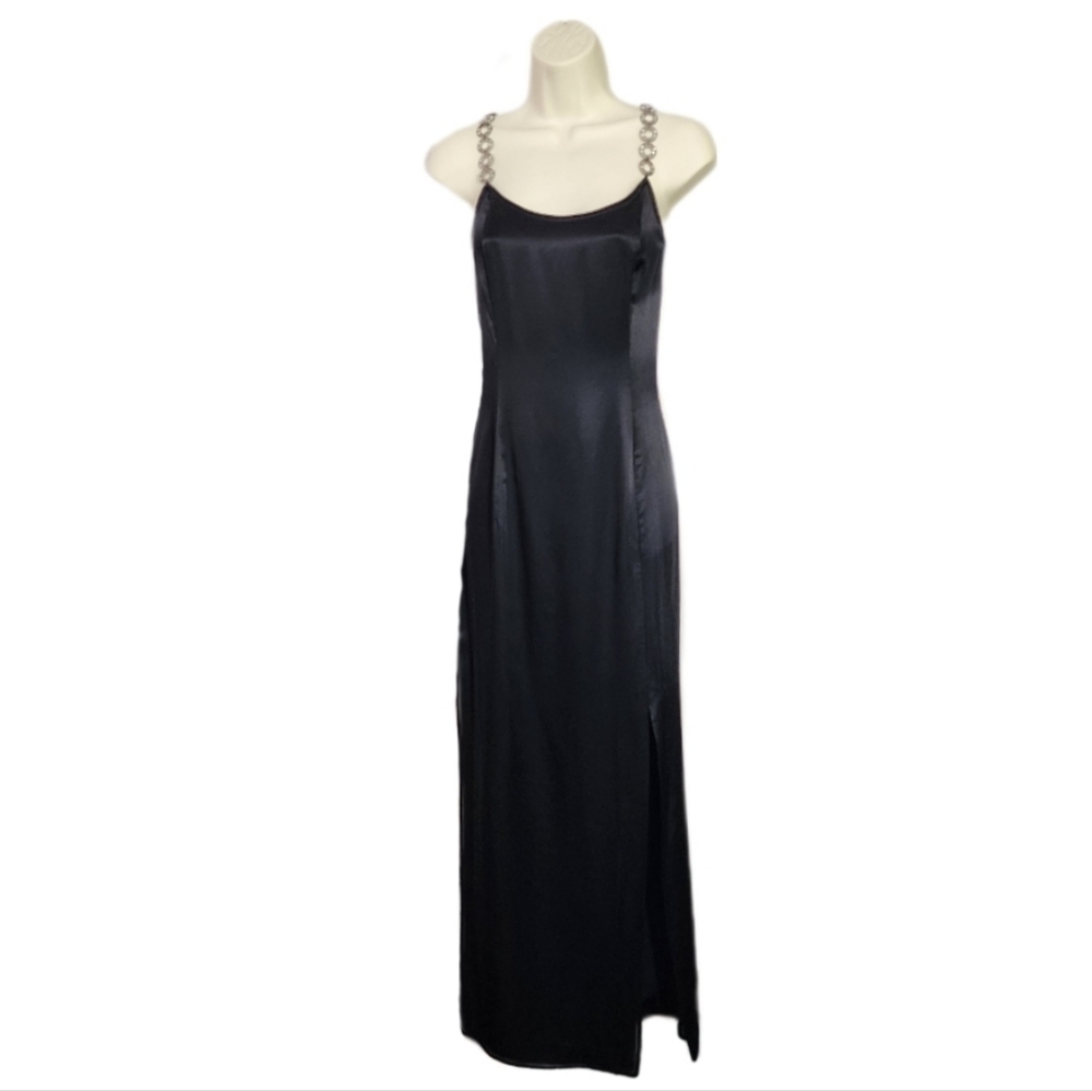 Jessica McClintock Dress Gunne Sax 90s Retro Slip Rhinstones Strap Black Size 10 - Picture 13 of 14